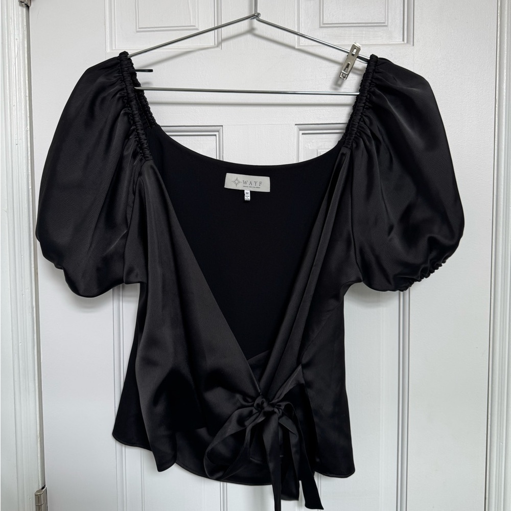 Nasty Gal Black Satin Blouse with Puff Sleeves